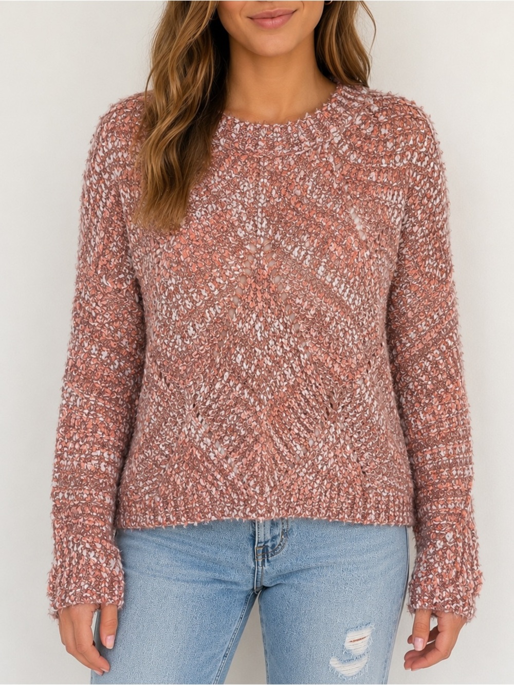Made with Love Cozy Rose Taupe V-Neck Women's Sweater XL pink multi boho cozy